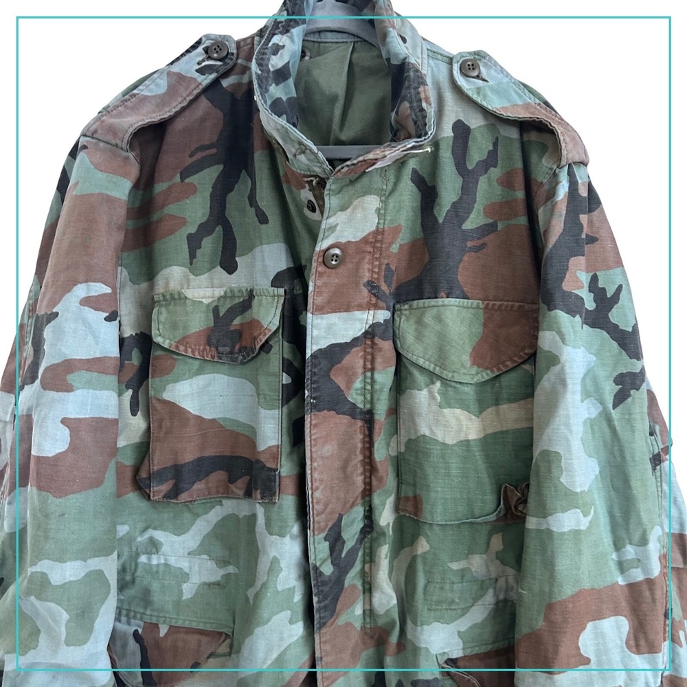 Vintage Military Field Jacket Woodland Camo M65 Style w/hood built in